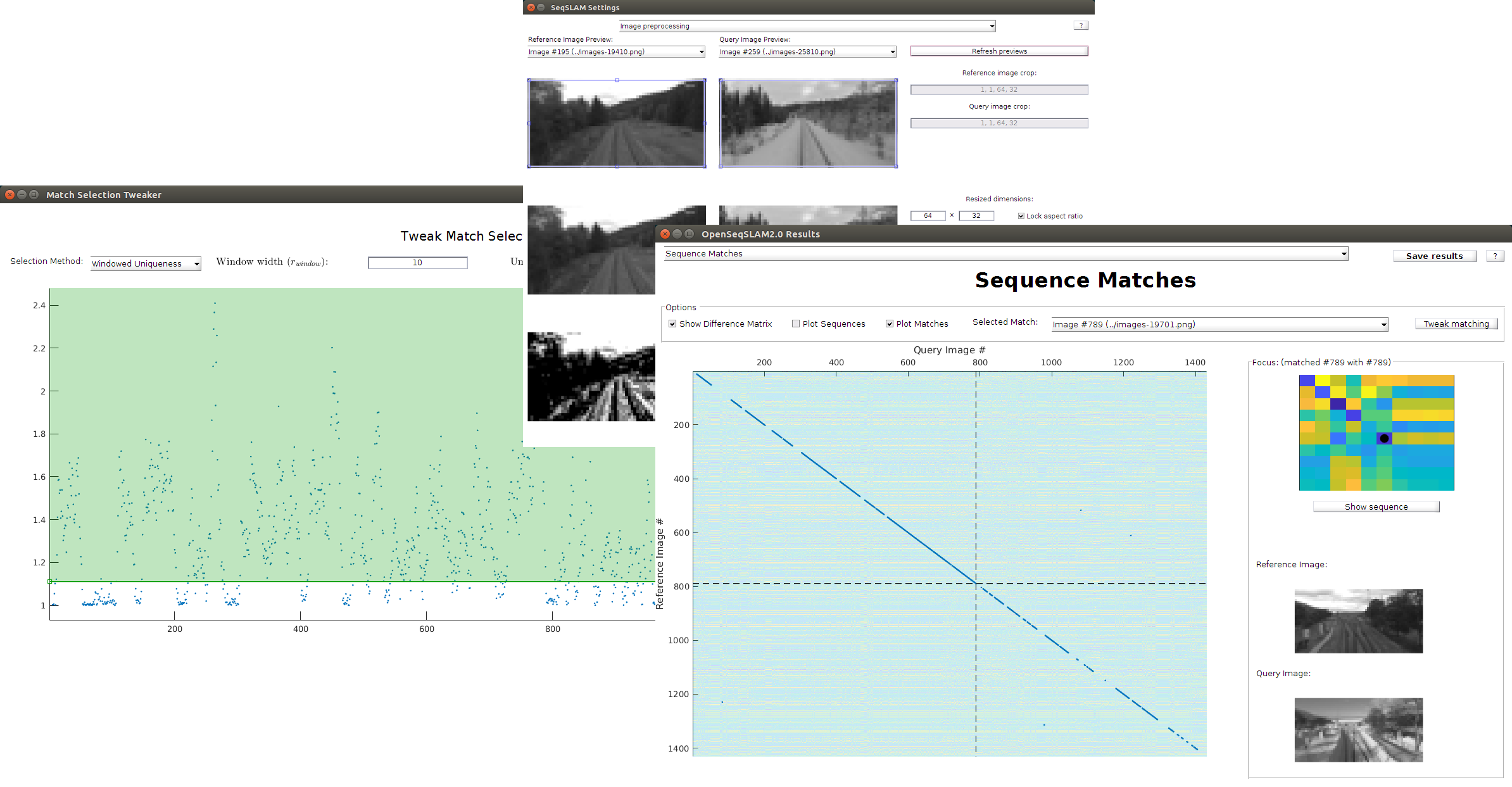 View of some screens from the OpenSeqSLAM2.0 MATLAB toolbox